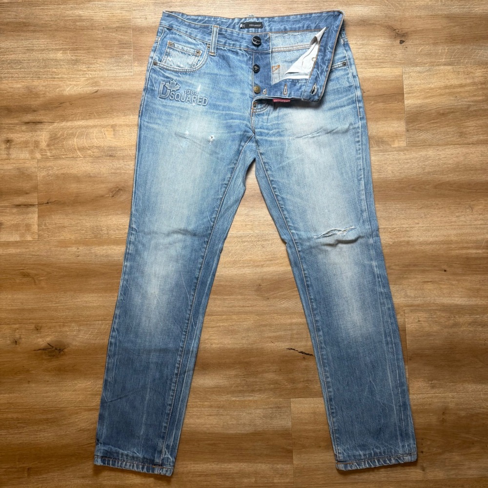 Dsquared2 Kenny Twist Jeans Mens 30 Light Blue Distressed Embroidered Logo Denim
